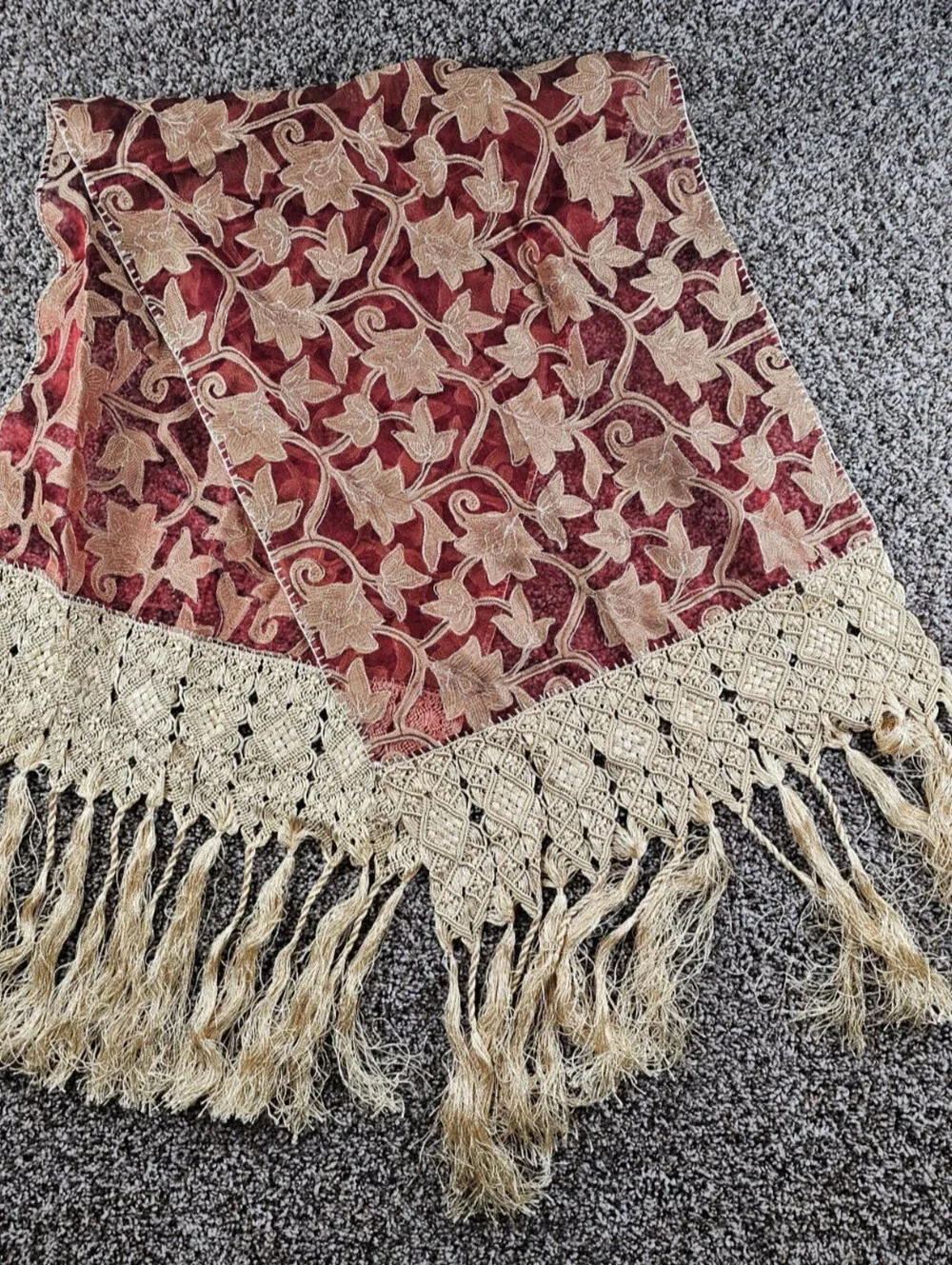 Vintage Victorian Style Table Runner Burgundy Gold Fringe Leaf Floral Print